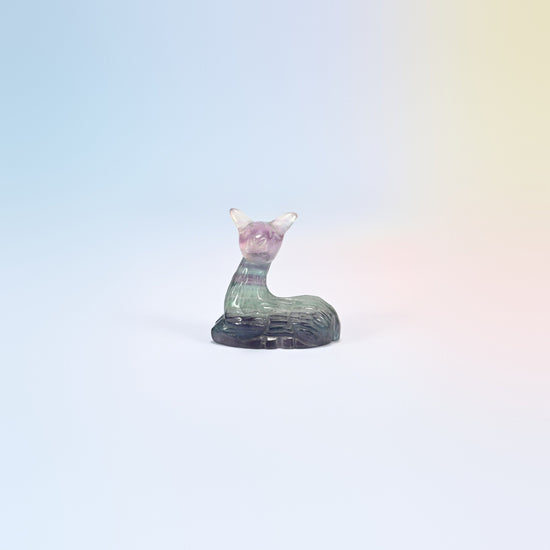 Natural rainbow fluorite deer carving, 2 inch, pink purple head and green body