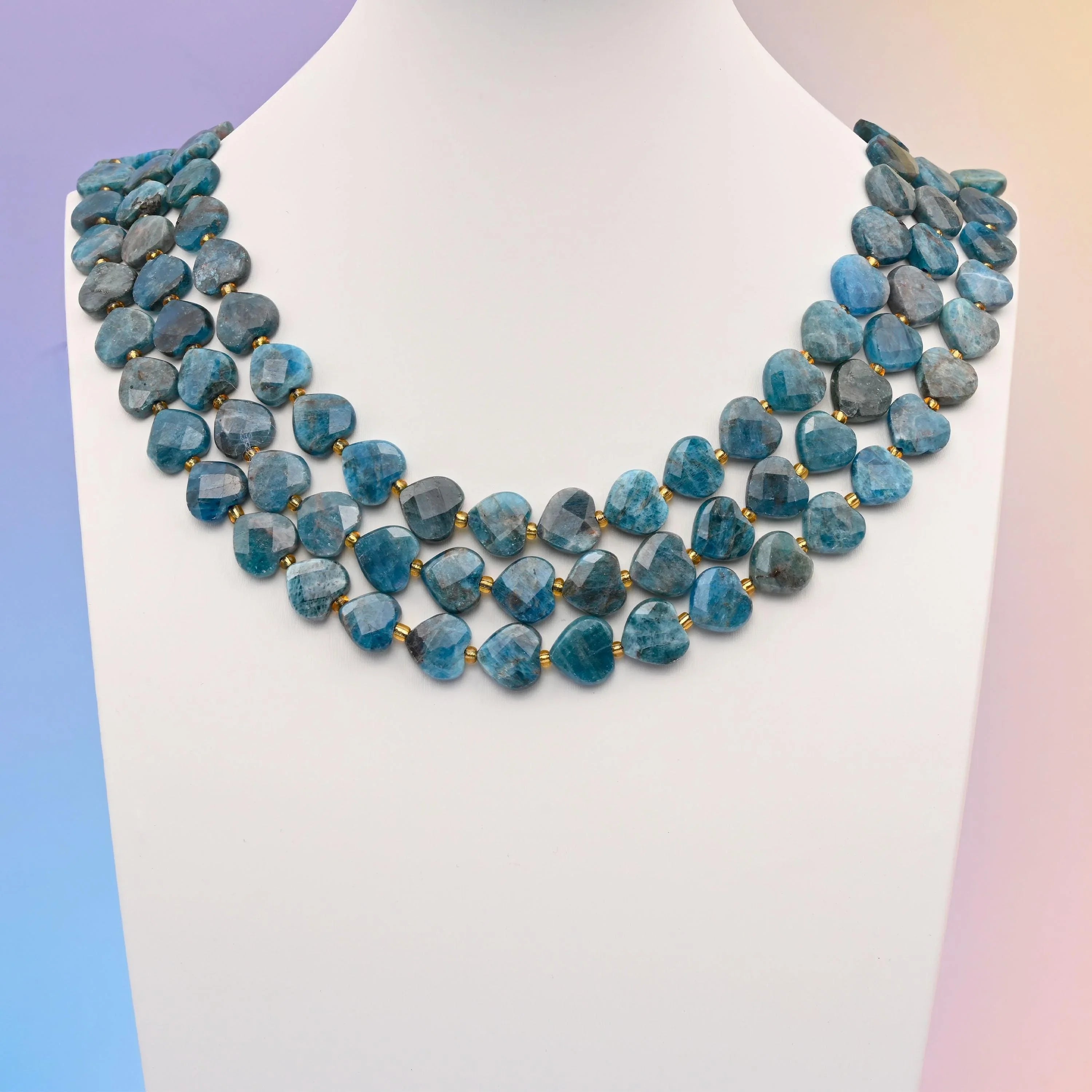 Blue apatite beads, faceted heart shape, 12mm