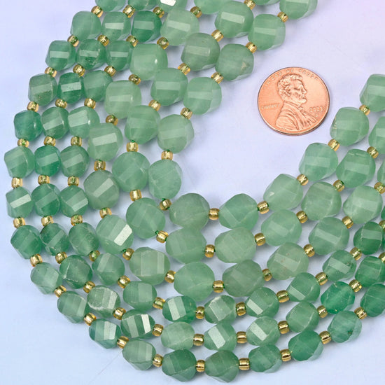 Faceted spiral twist cut natural green aventurine beads