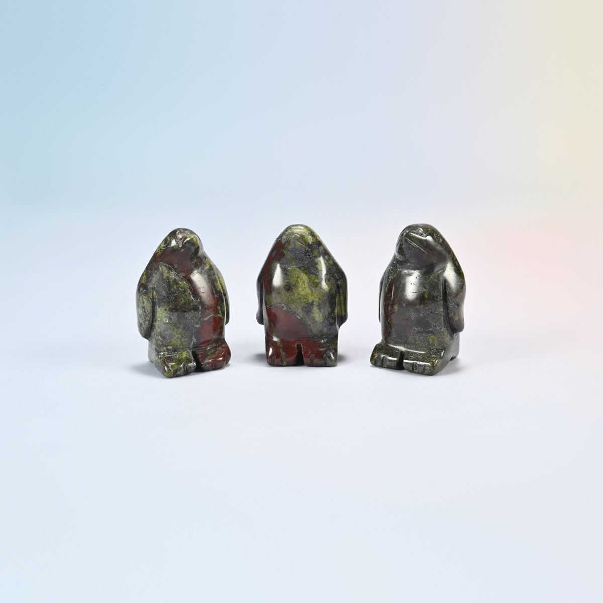 Three dragon bloodstone penguin crystal carvings, 1.5 inch, dark green natural stone with red patches