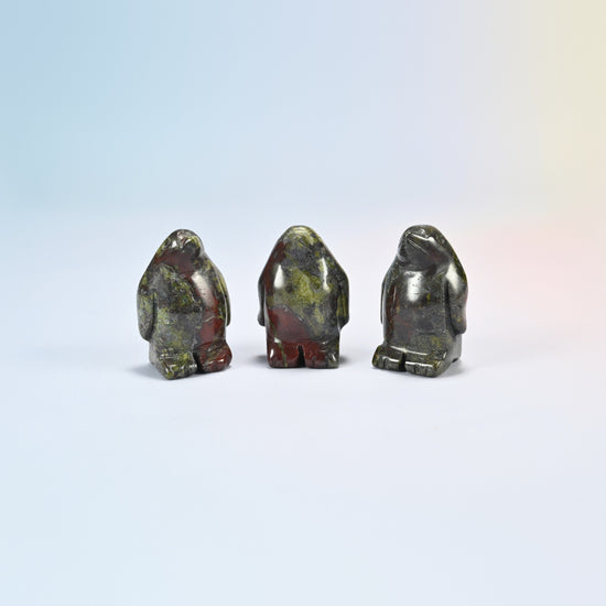 Three dragon bloodstone penguin crystal carvings, 1.5 inch, dark green natural stone with red patches