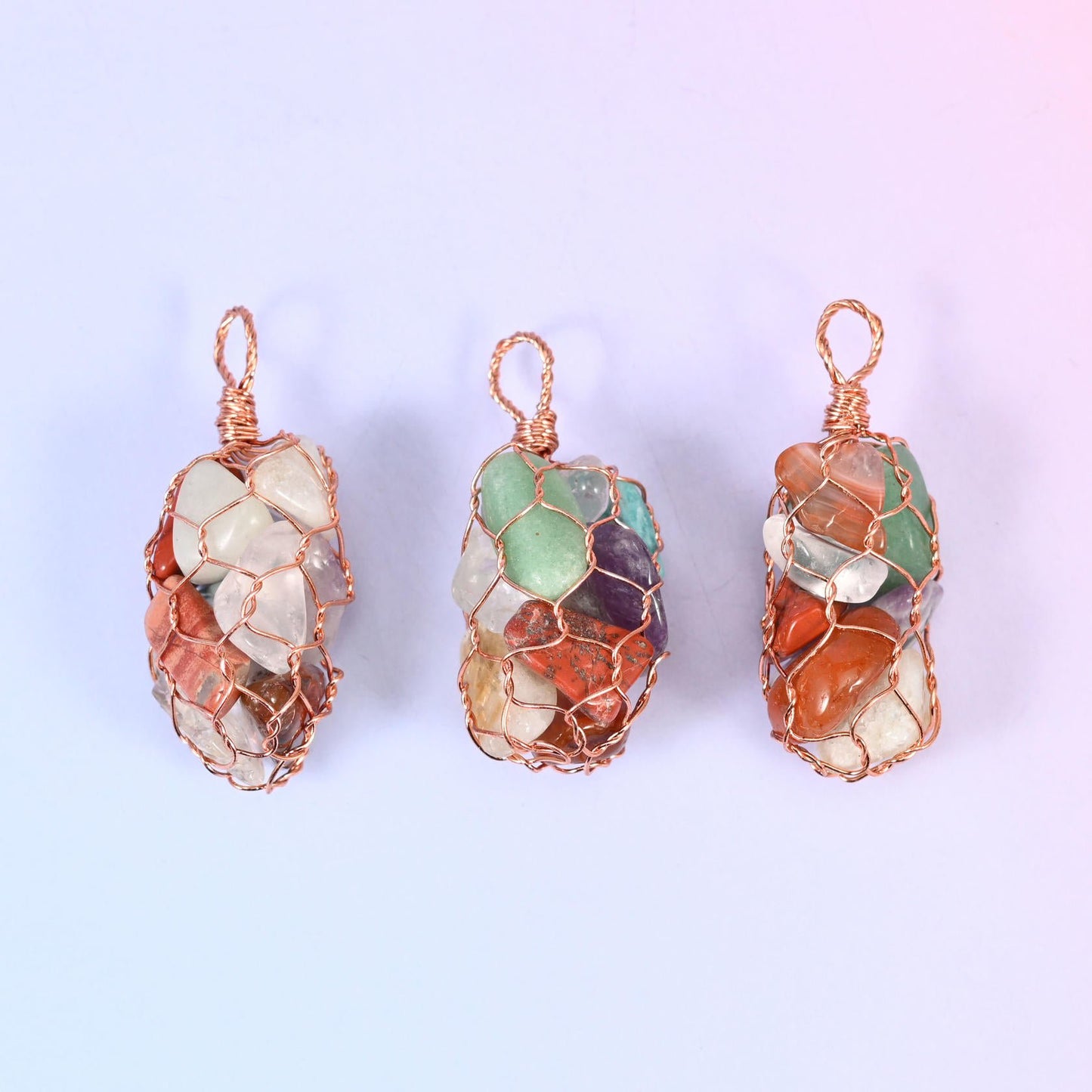 Wire Wrapped Cage Gemstone Chip Pendant in rust red, moss green, cream, aqua and soft lilac