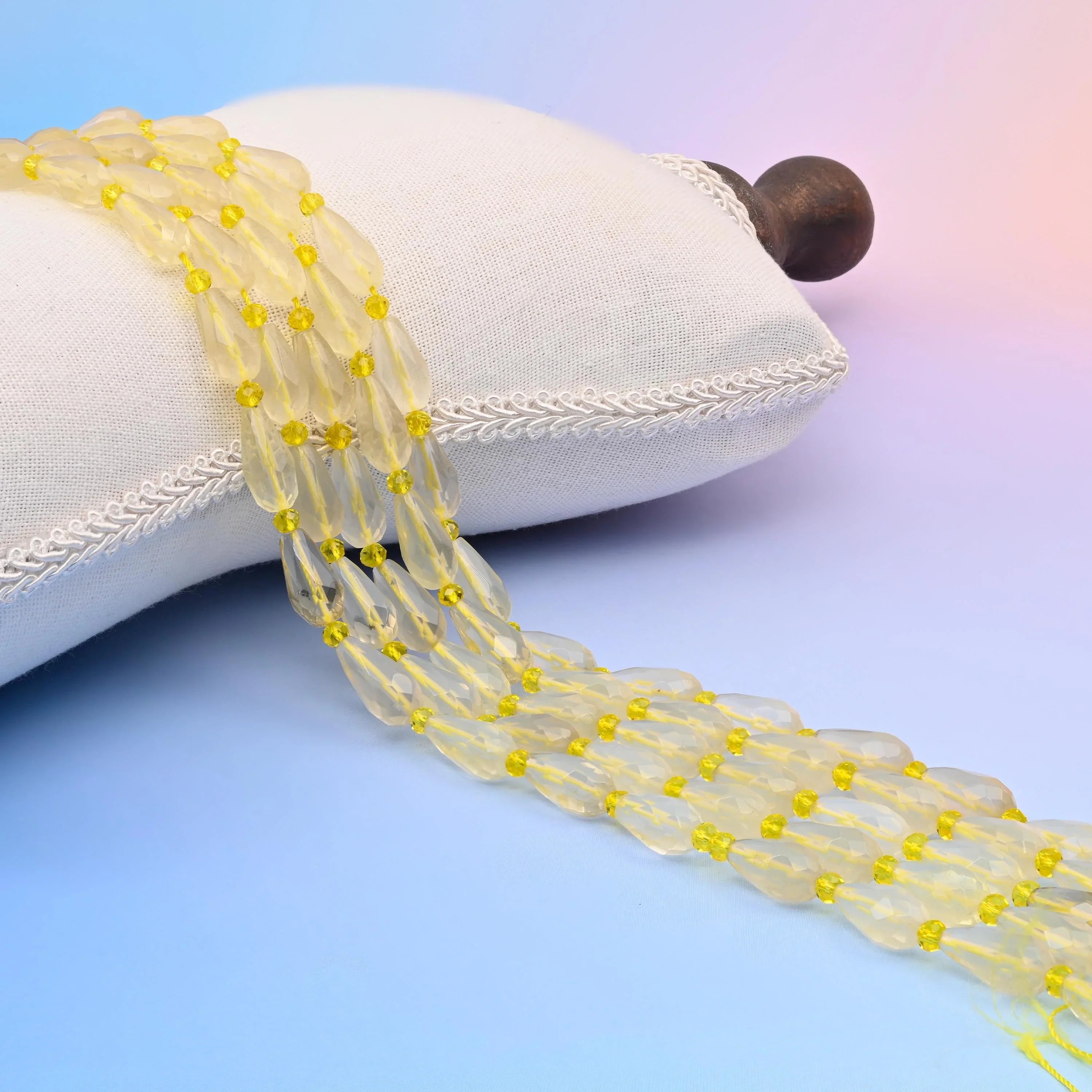 Natural Citrine Quartz faceted teardrop beads, pale lemon-yellow with a lightly frosted look