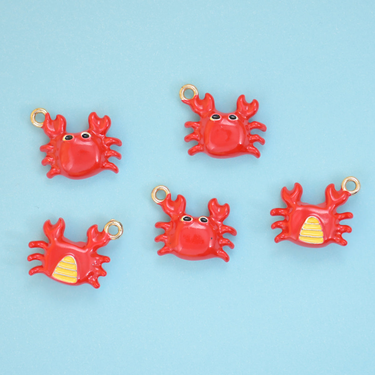 Enamel crab charms for bracelets, necklaces and earrings, red enamel over 18K gold plated brass with a ring loop for hanging