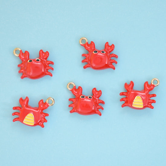 Enamel crab charms for bracelets, necklaces and earrings, red enamel over 18K gold plated brass with a ring loop for hanging