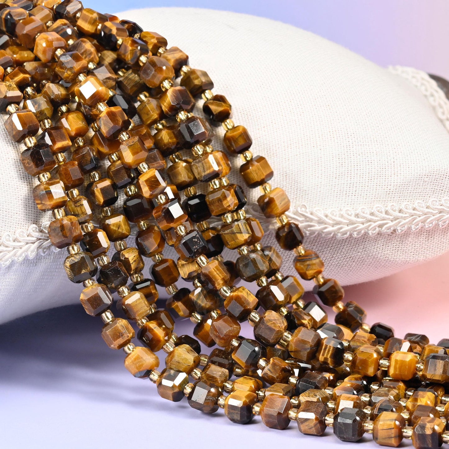 Tiger Eye Faceted Cube Beads, warm honey gold and deep chocolate brown with chatoyant banding