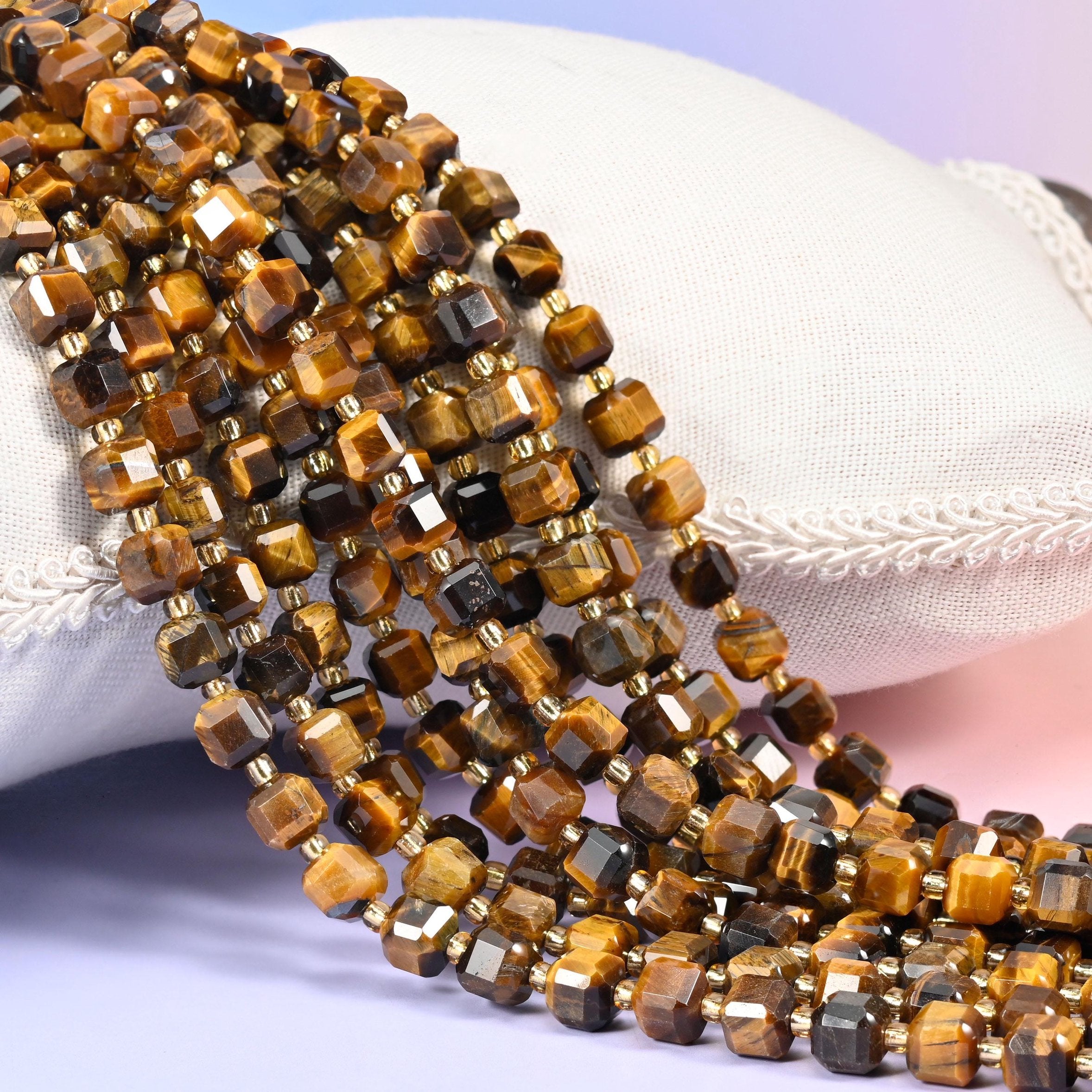 Tiger Eye Faceted Cube Beads, warm honey gold and deep chocolate brown with chatoyant banding