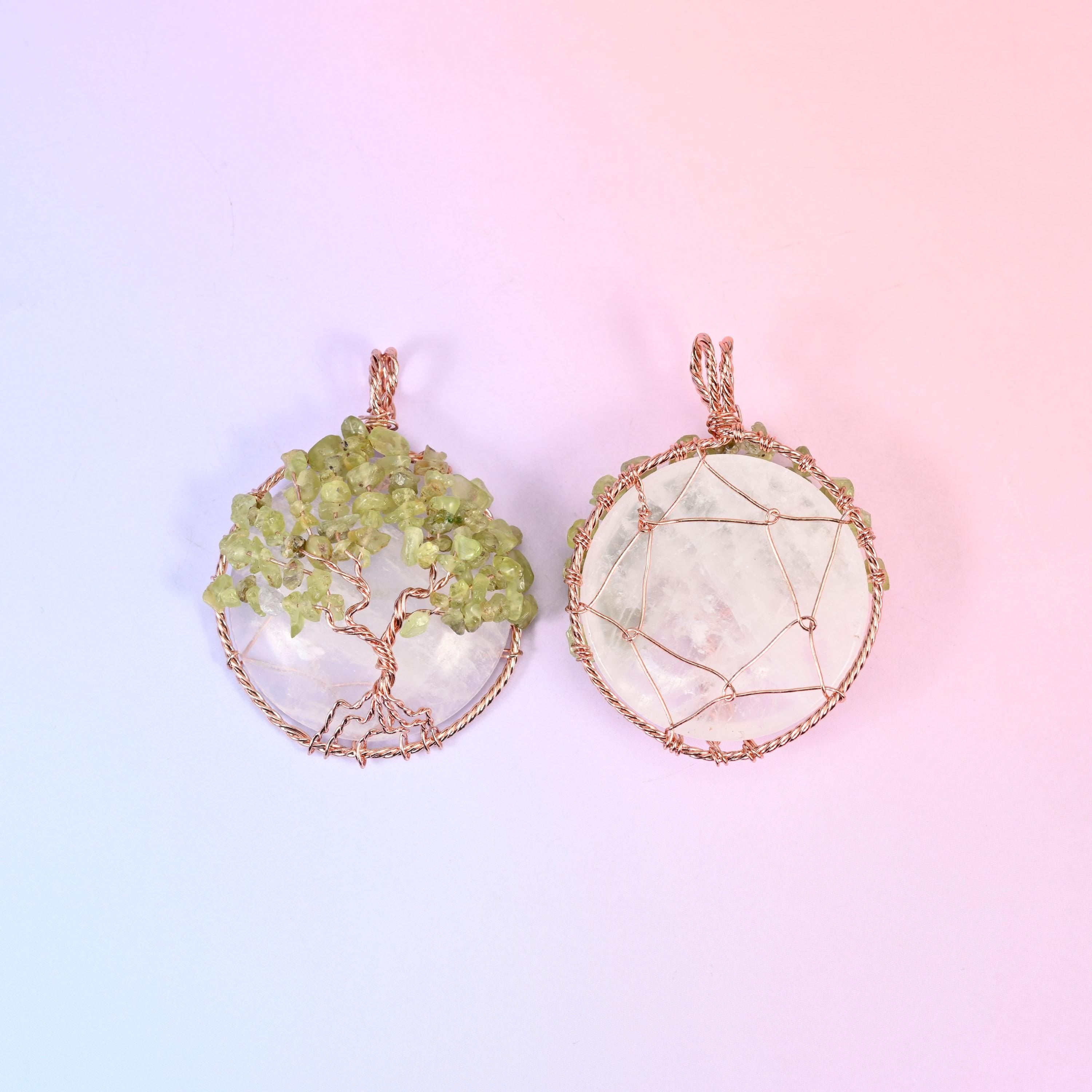 Gemstone Round Pendant with Copper Wired Tree of Life, 60x45mm