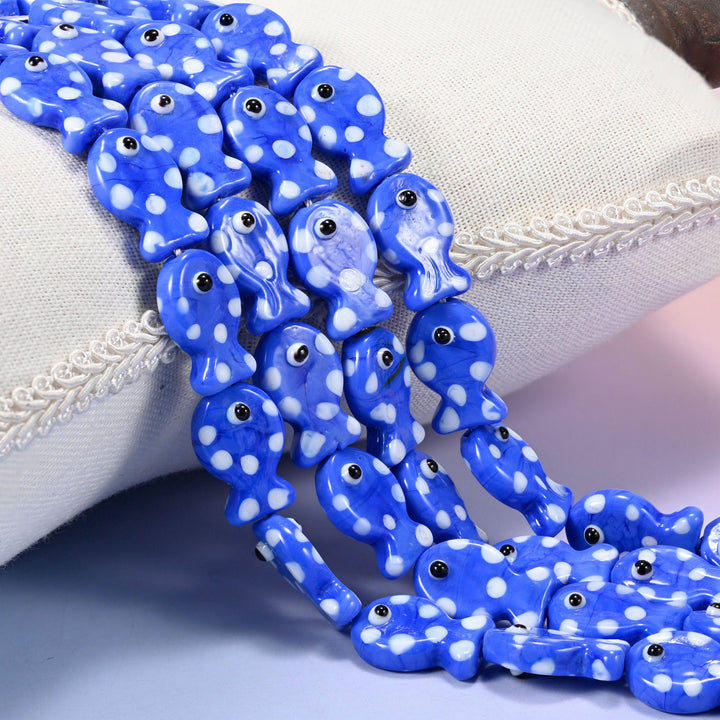 Blue White Dot Fish Glass Beads 19x12mm