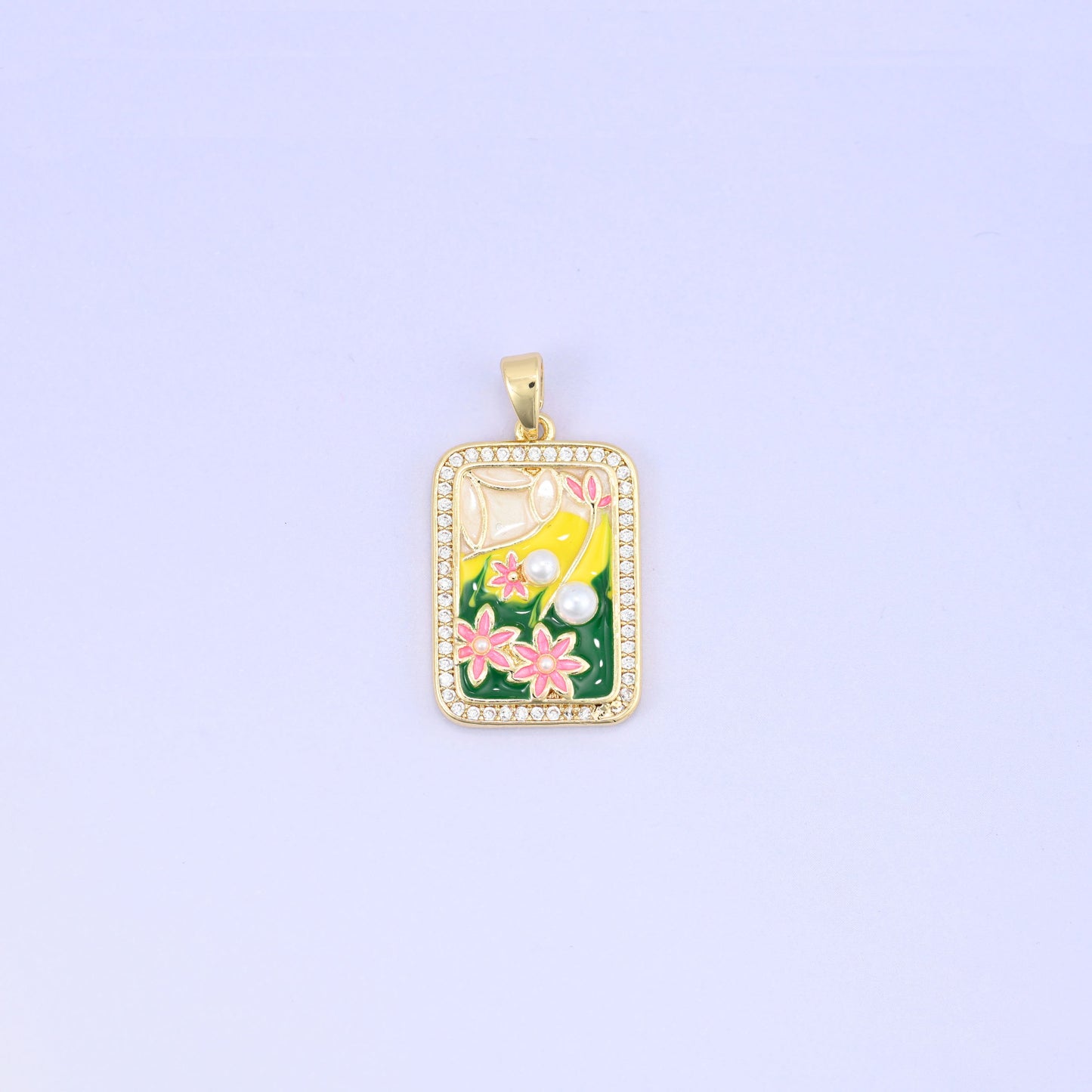 Flower Pearl Zircon Rectangle Pendants: 18K Gold Plated Charms, Jewelry Making Supply