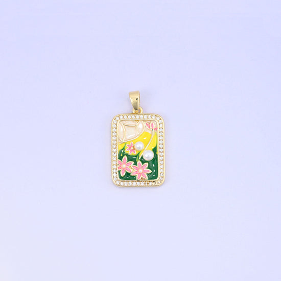 Flower Pearl Zircon Rectangle Pendants: 18K Gold Plated Charms, Jewelry Making Supply