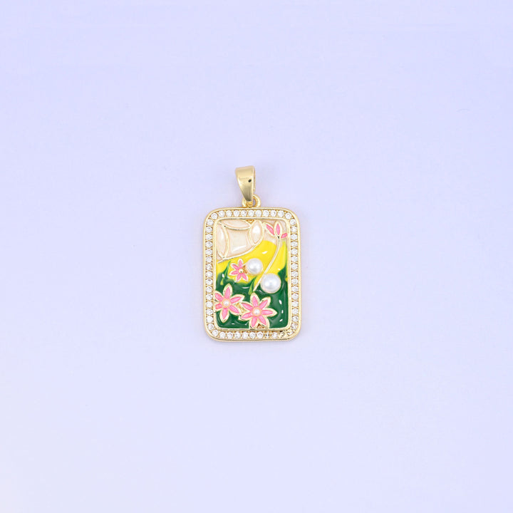 Flower Pearl Zircon Rectangle Pendants: 18K Gold Plated Charms, Jewelry Making Supply