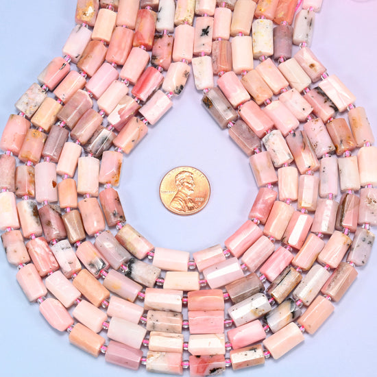 Pink Opal Faceted Tube Beads, Full Strand 27pc, Jewelry Making
