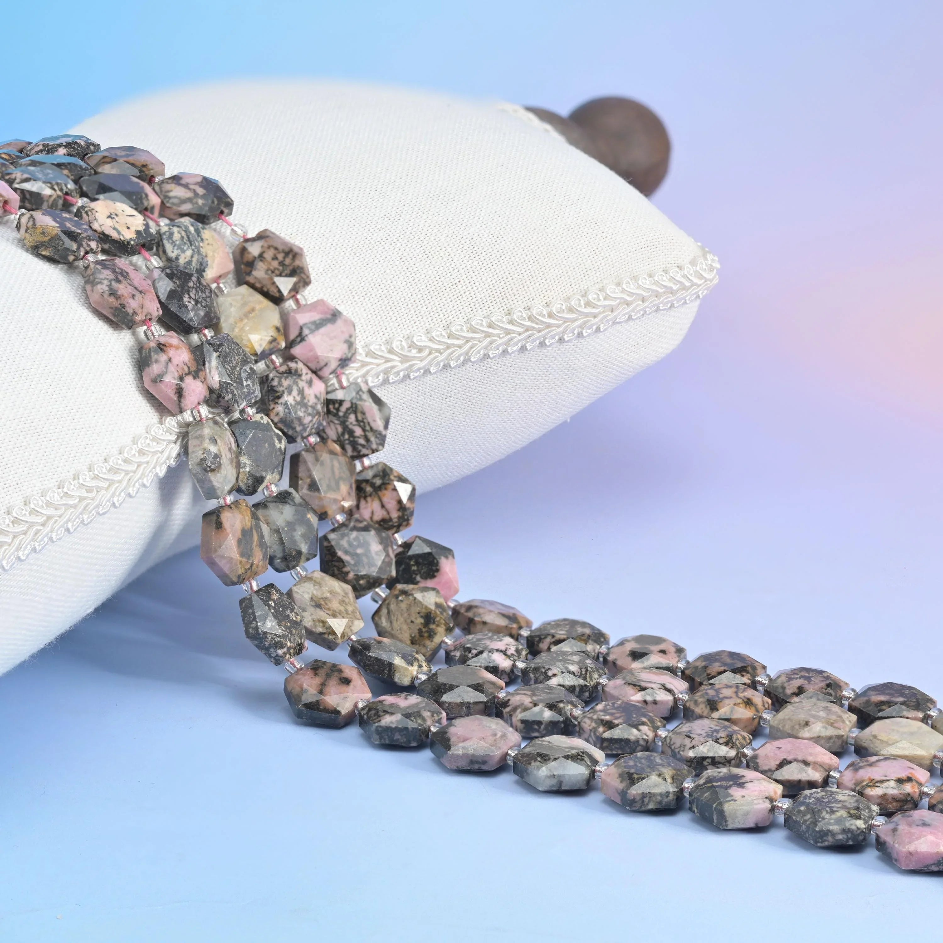 Rhodonite Flat Hexagon Faceted Beads, 12mm.