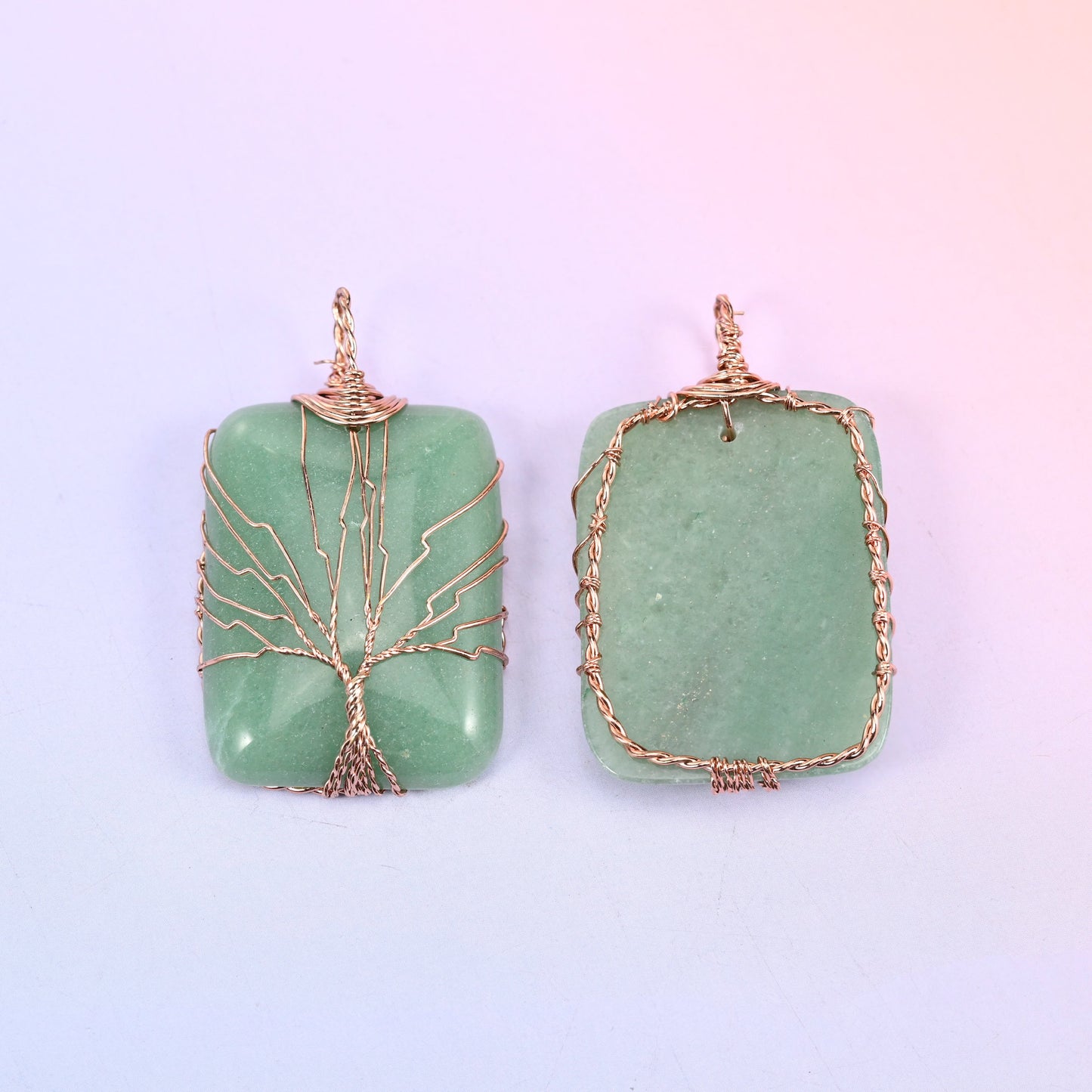 Green Rectangle Gemstone Tree of Life Pendant shown front and reverse, with the plain polished back edged in twisted copper wire.