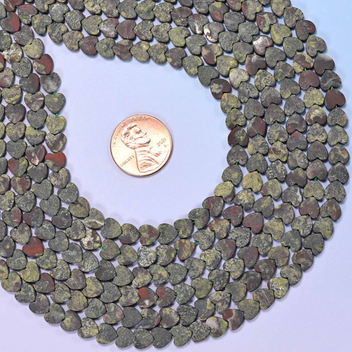 Matte Dragon Bloodstone Flat Heart Beads, approximately 68 beads per strand