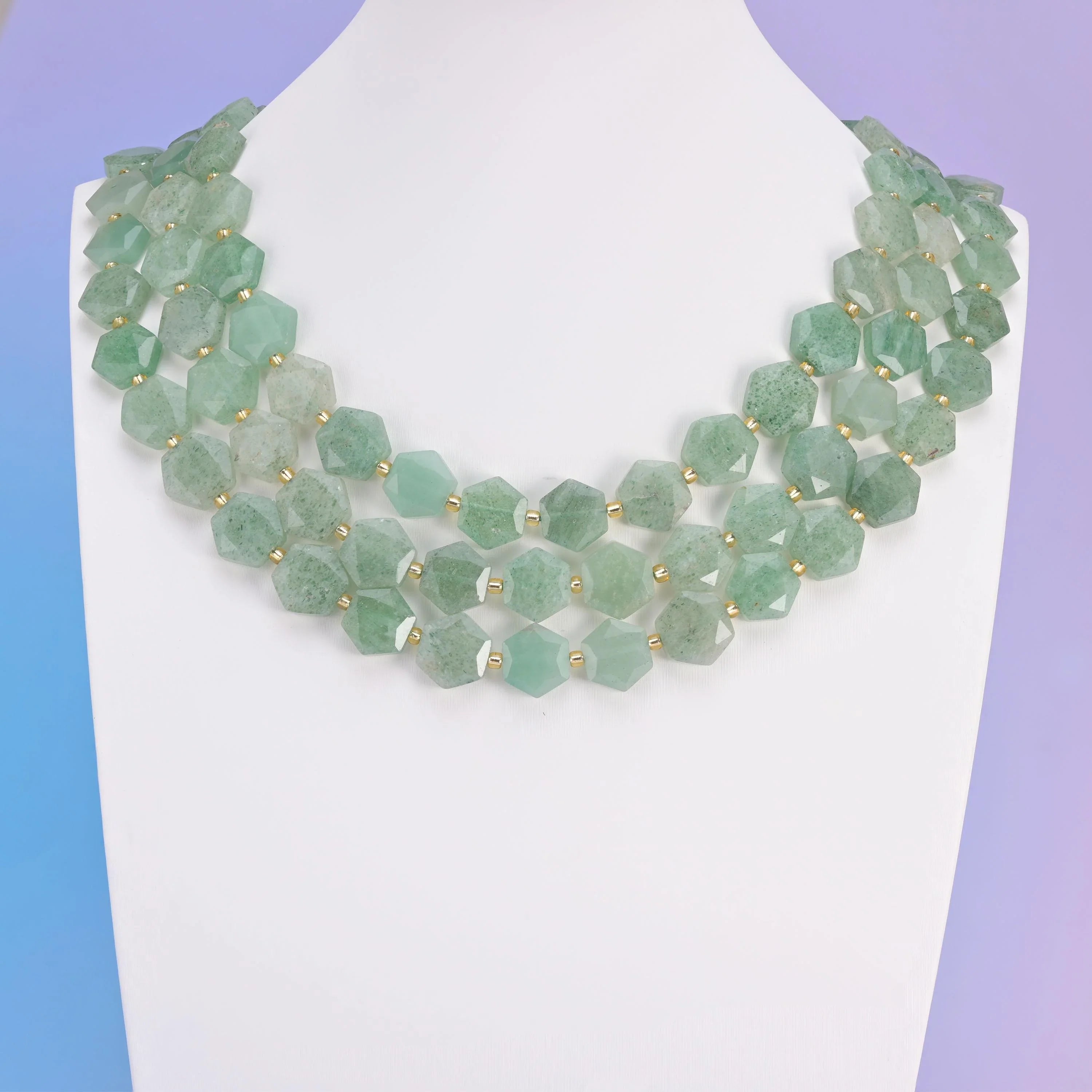 Green Strawberry Quartz beads, flat hexagon shape, 12mm.