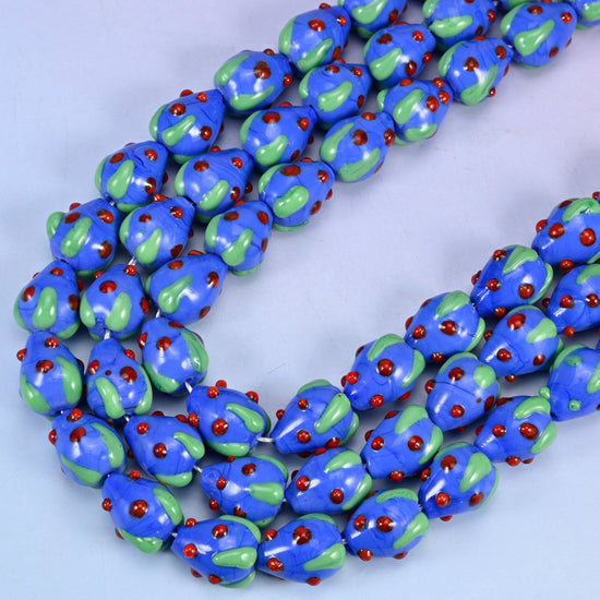 Dark Blue Red Dots Strawberry Glass Beads, 12 inch strand