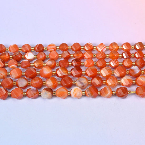 Dyed Red Stripe Agate beads in warm brick and terracotta red banded with cream stripes