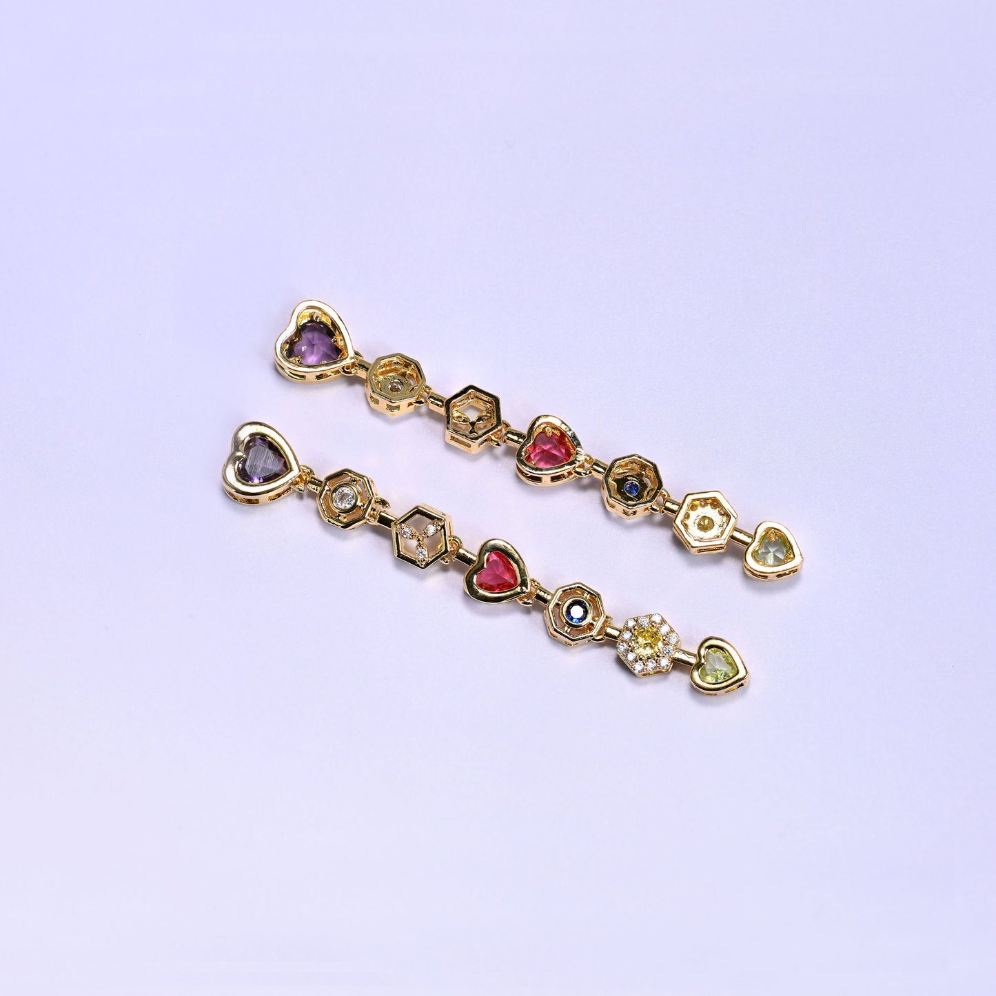 Purple Heart Multicolor Zircon Pendants with alternating heart, octagon, and hexagon links