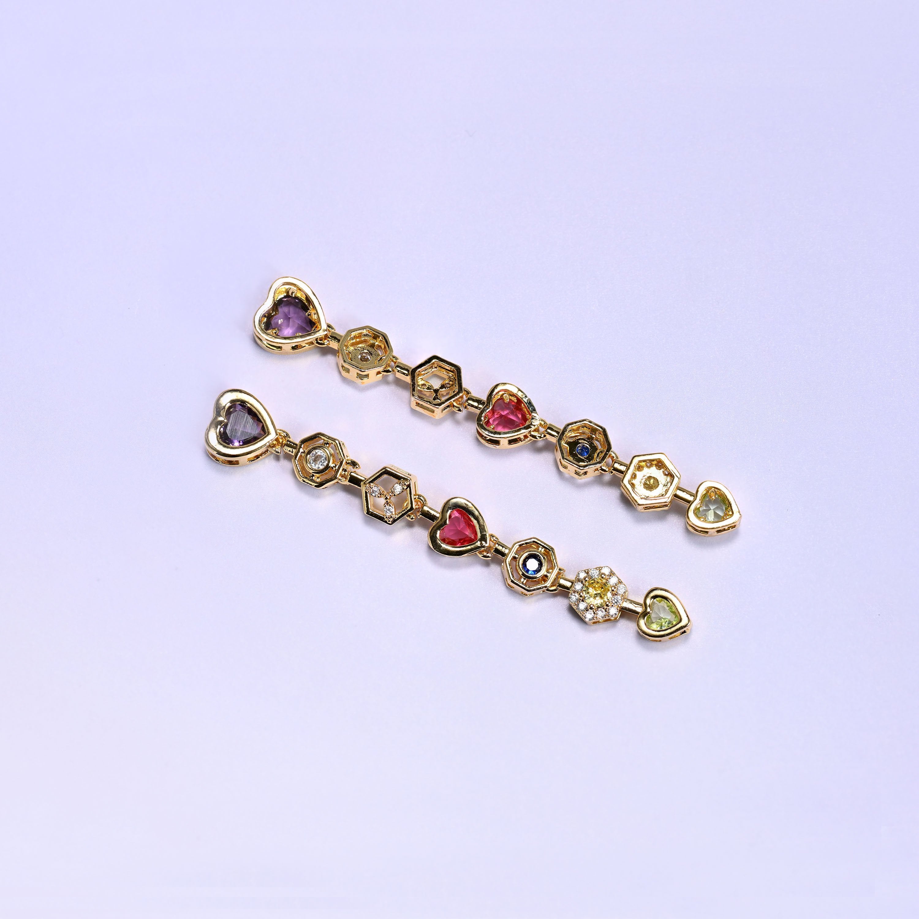 Purple Heart Multicolor Zircon Pendants with alternating heart, octagon, and hexagon links