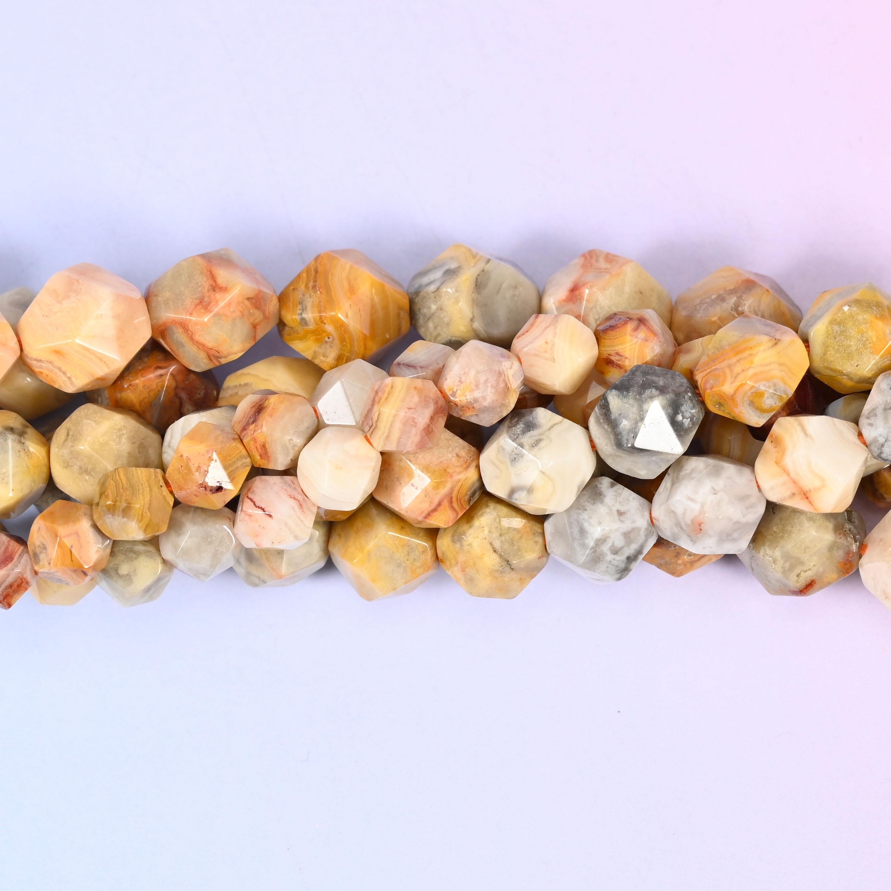 Crazy Agate Faceted Diamond Star Cut Beads, warm honey yellow, cream and tan webbed with fine grey and rust lacing