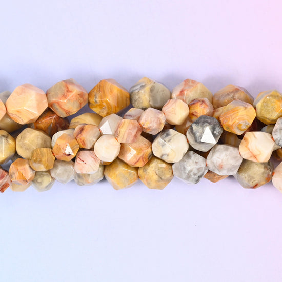 Crazy Agate Faceted Diamond Star Cut Beads, warm honey yellow, cream and tan webbed with fine grey and rust lacing