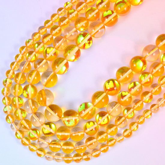 Mystic Aura Yellow Round Glass Beads, 15 inch strand