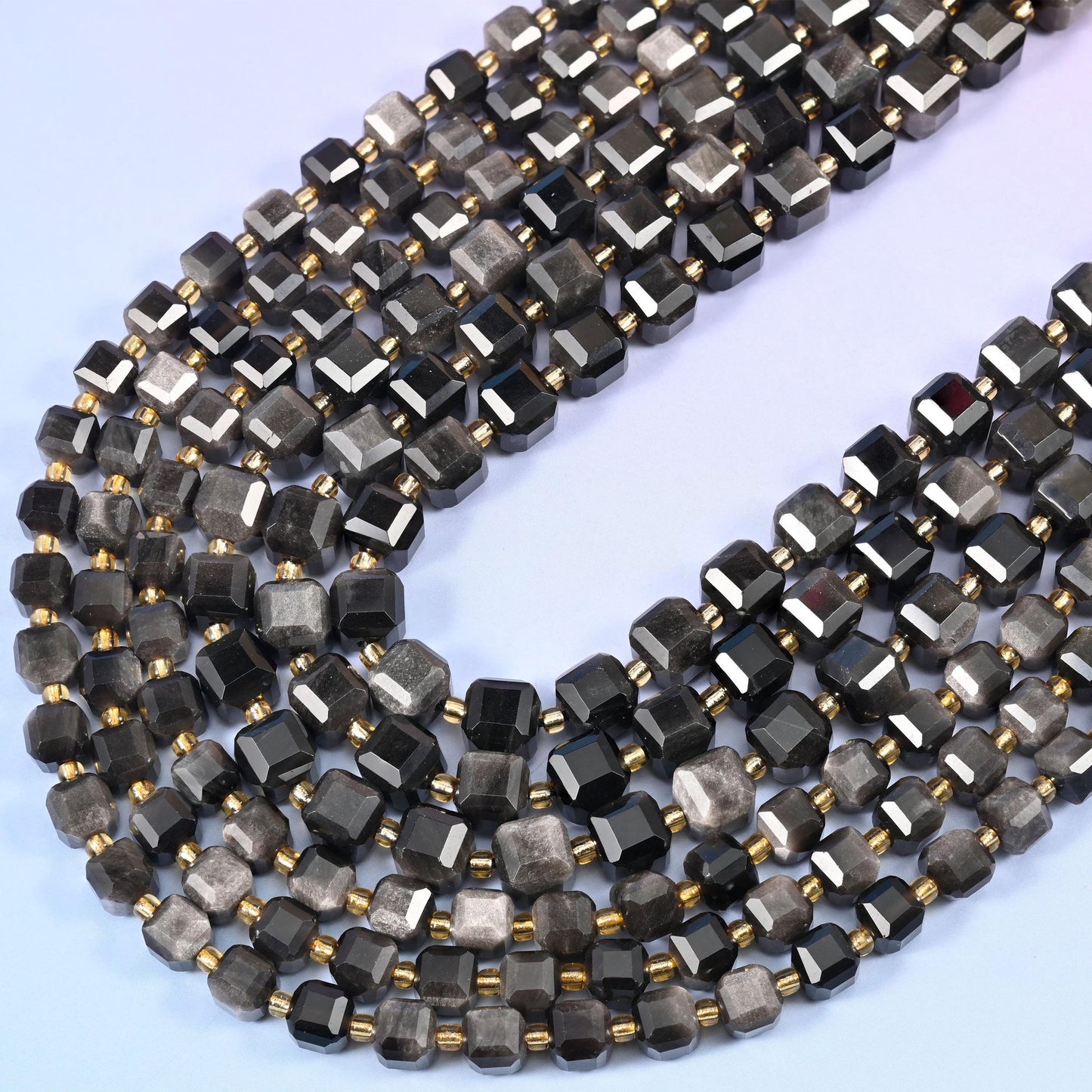 Silver Obsidian Faceted Cube Beads, 15 inch strand