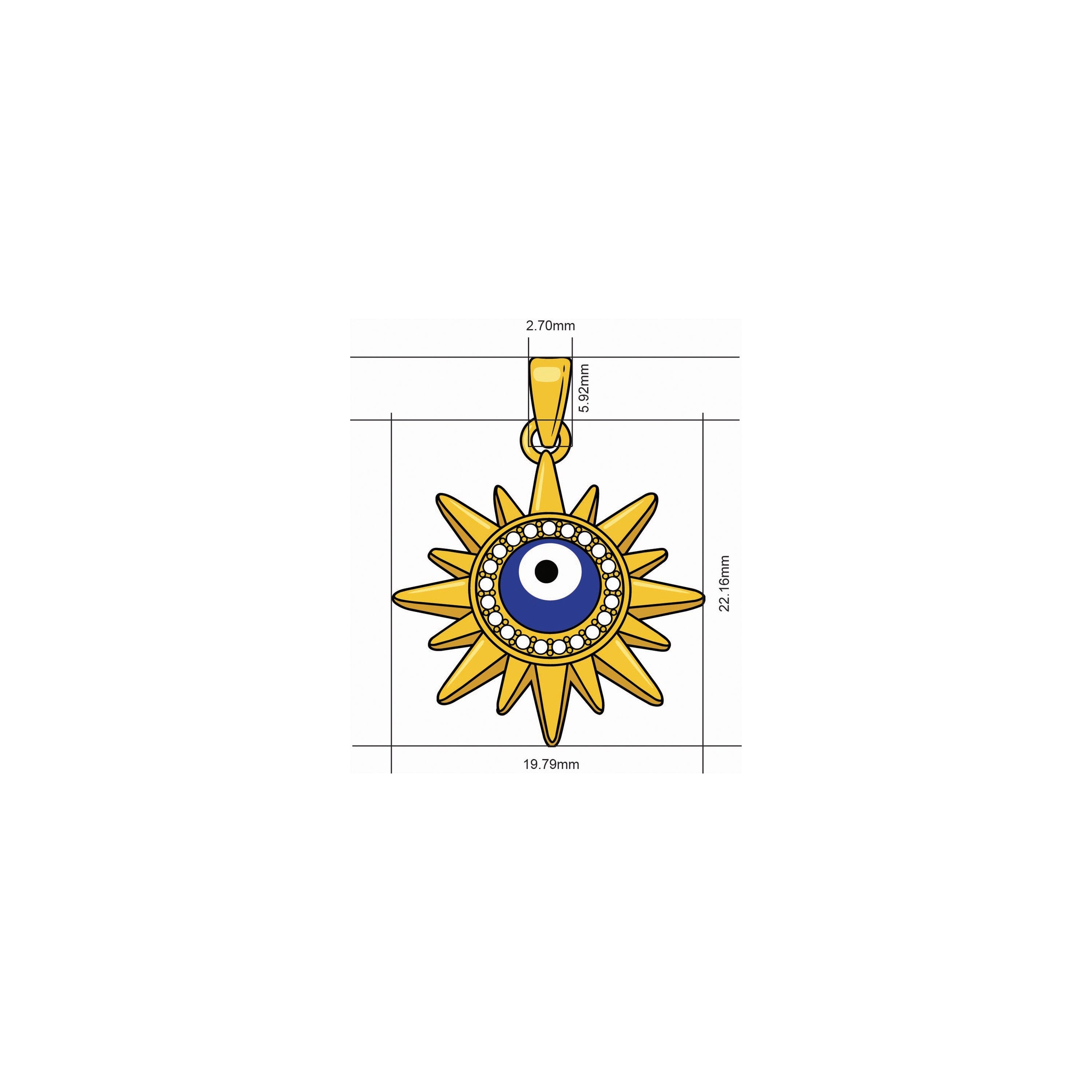 18K Gold Plated Brass Evil Eye Sun Charm Pendant with sunburst rays framing a blue and white enamel evil eye center