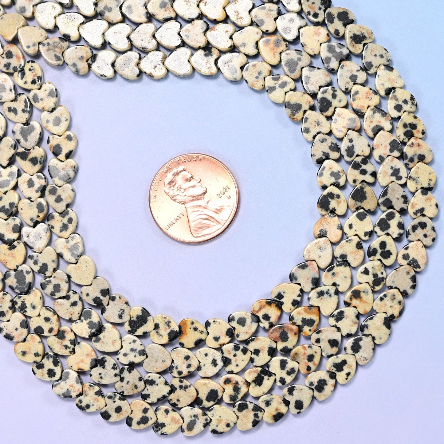 Dalmatian Jasper Flat Heart Beads, approximately 68 beads per strand