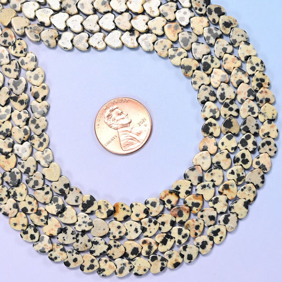 Dalmatian Jasper Flat Heart Beads, approximately 68 beads per strand