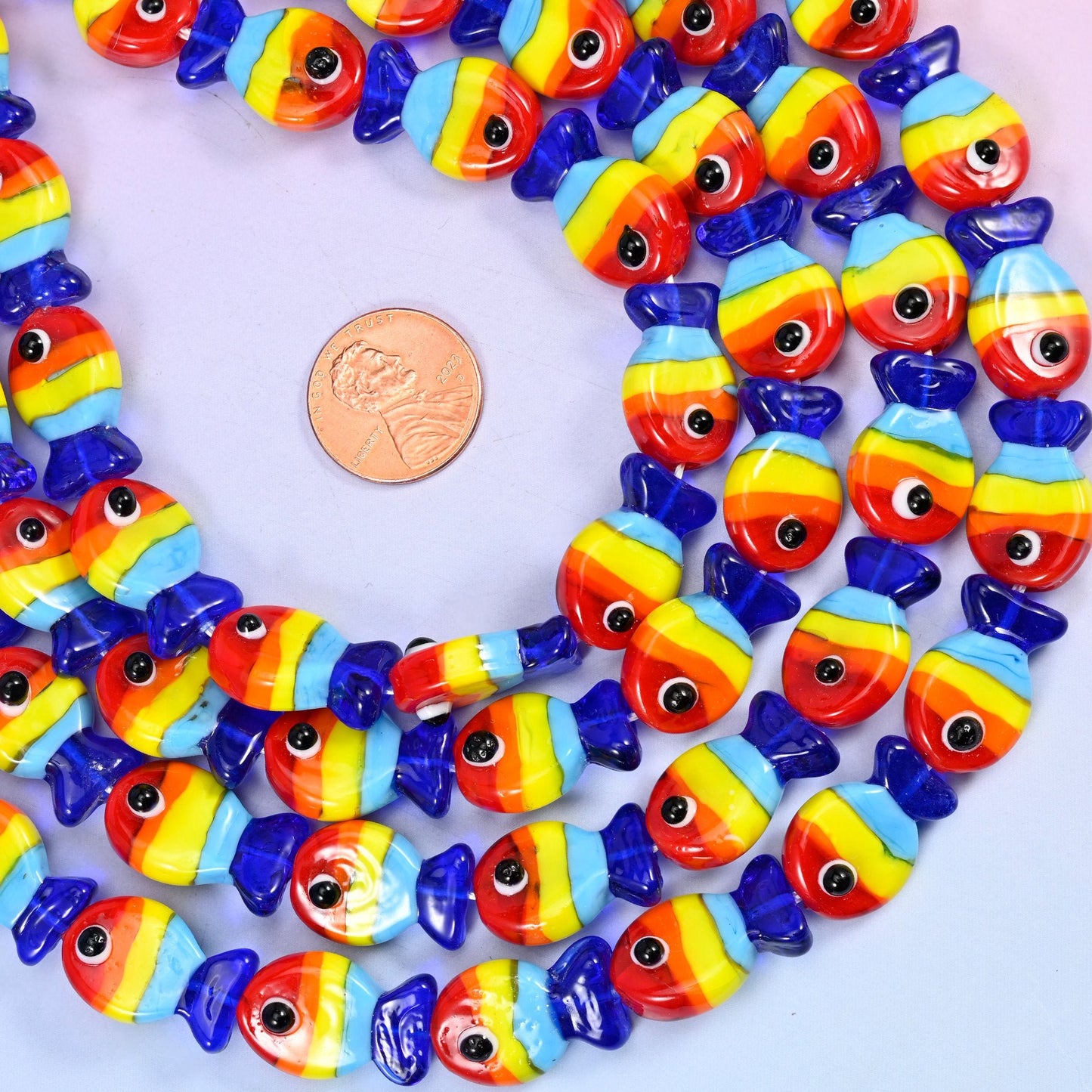 Colorful Striped Fish Glass Beads 19x12mm, 20 beads per strand