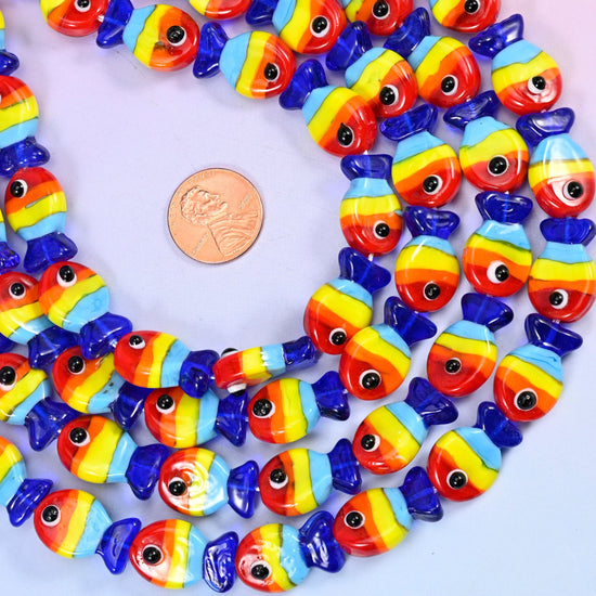 Colorful Striped Fish Glass Beads 19x12mm, 20 beads per strand