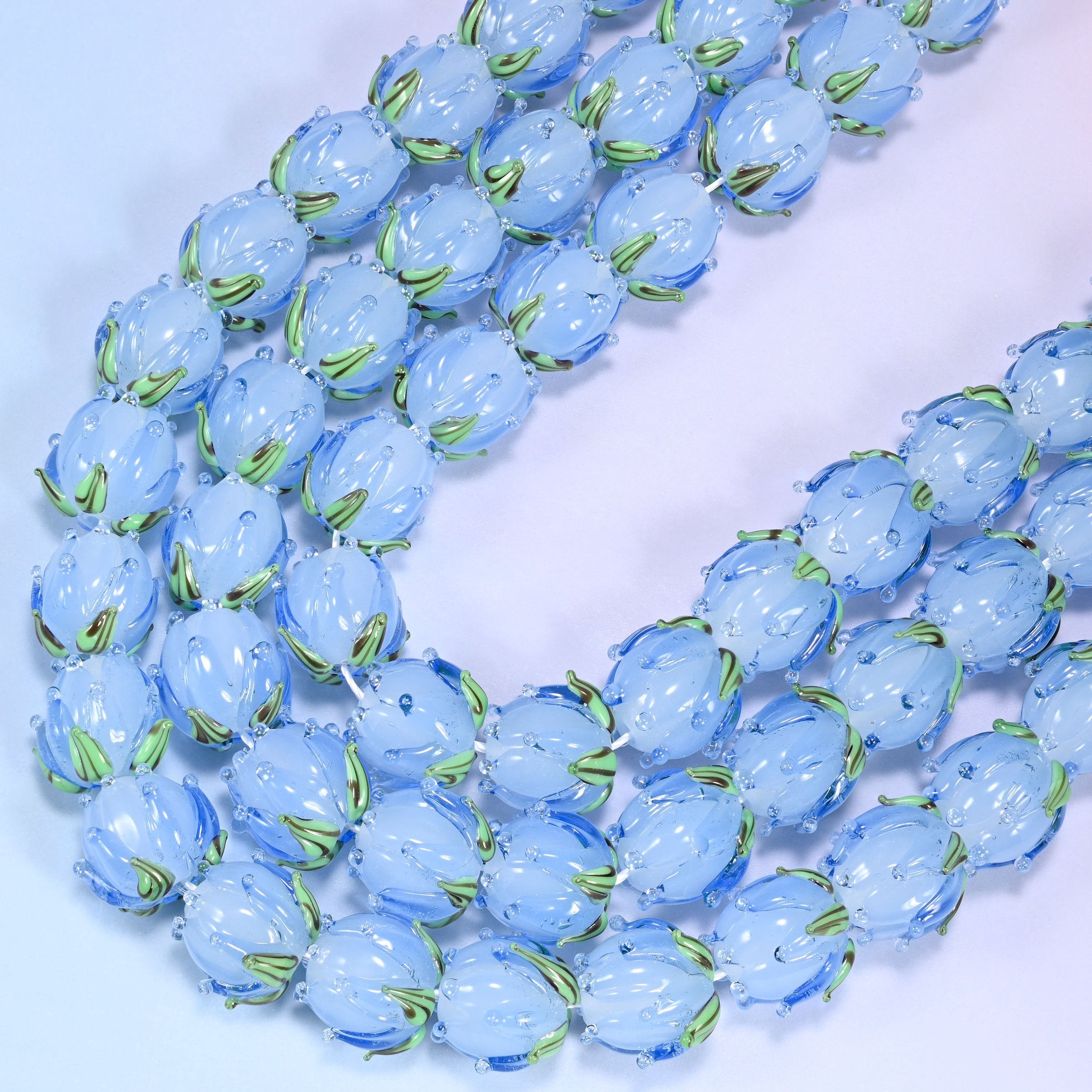 Blue Tulip Flower Bud Lampwork Glass Beads 14mm, 11 inch strand
