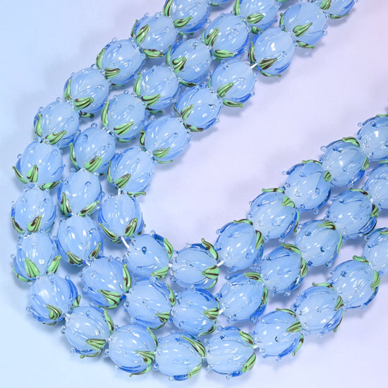 Blue Tulip Flower Bud Lampwork Glass Beads 14mm, 11 inch strand