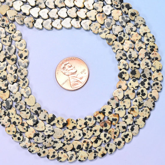 Dalmatian Jasper Flat Heart Beads: Size 6mm, Jewelry Making, 15 Inch Strand