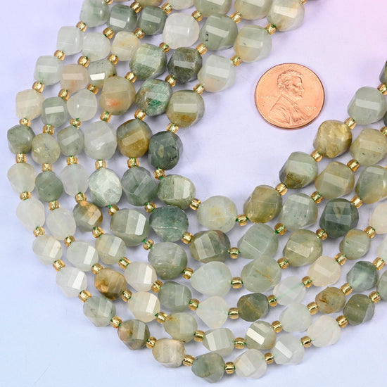 Faceted spiral twist cut Green Grass Silk Stone beads