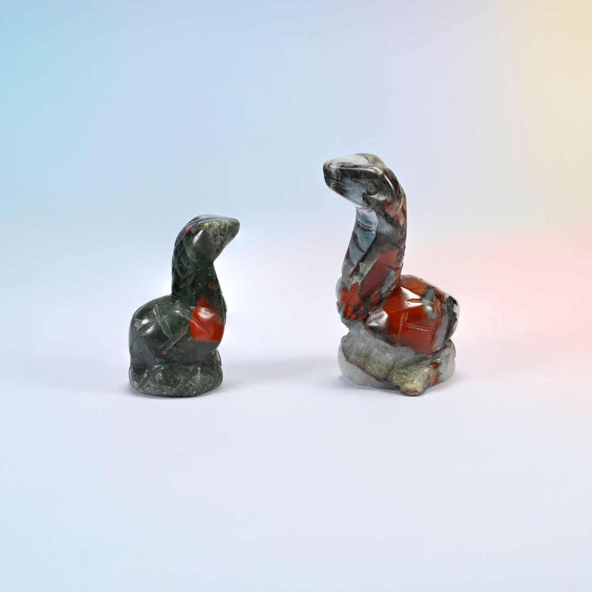 Cobra snake crystal carving in african bloodstone, green and black natural stone with red spots