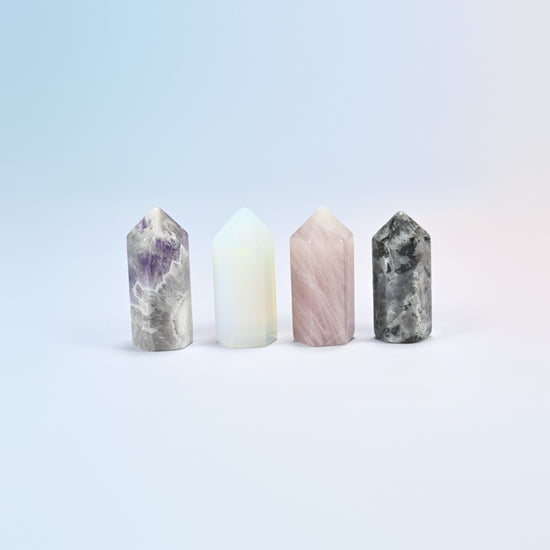 Four 1.4 inch small hexagon crystal points standing in natural amethyst, opalite, natural rose quartz and natural black labradorite