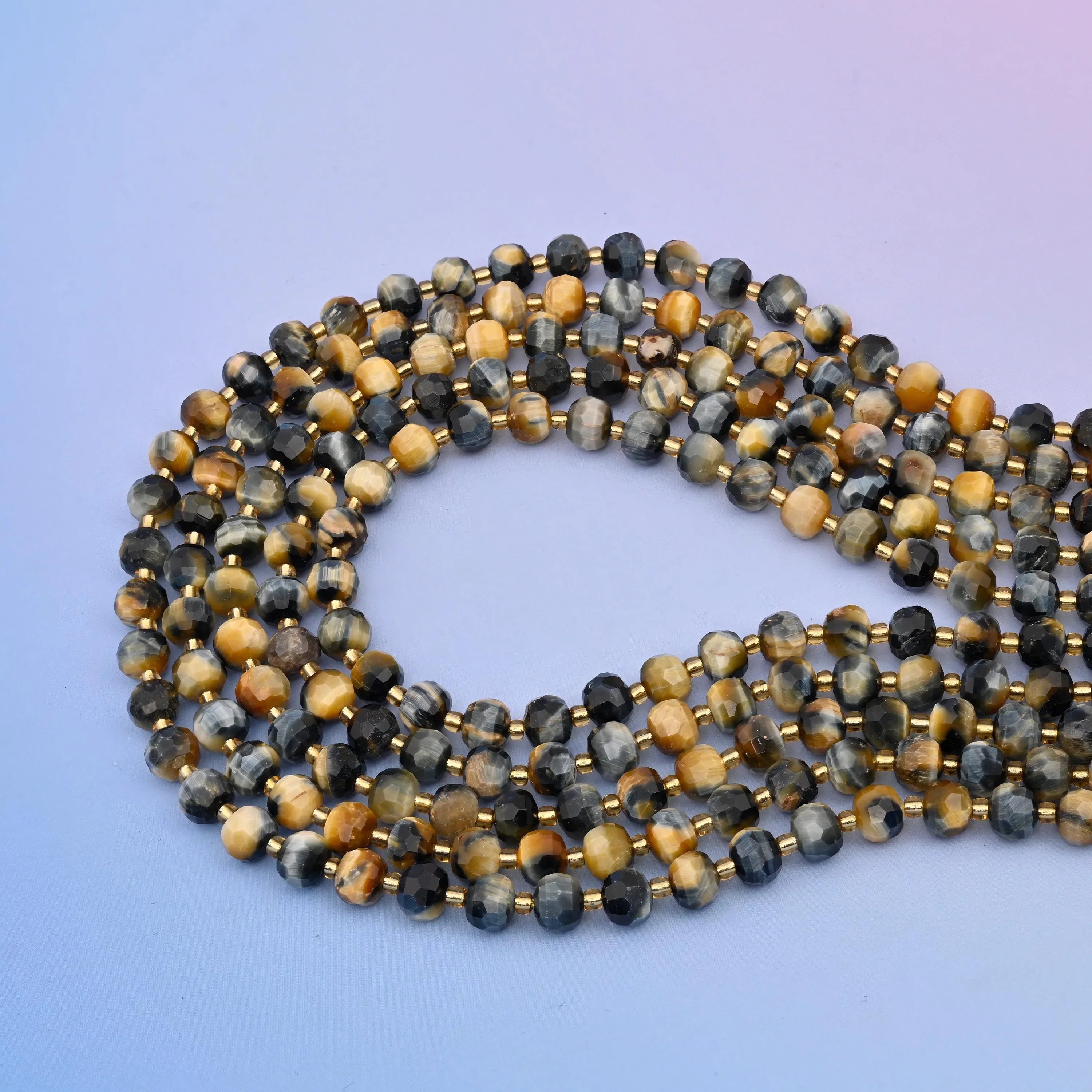 Dream Tiger's Eye rondelle beads in honey-gold, steel blue-grey and cream