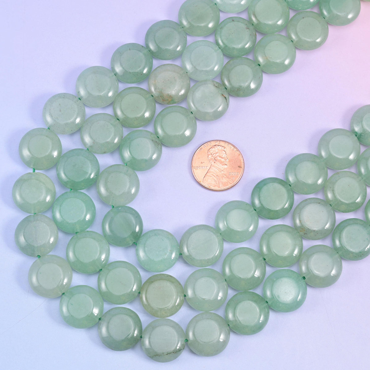 Green Aventurine smooth coin beads, 15 inch strand