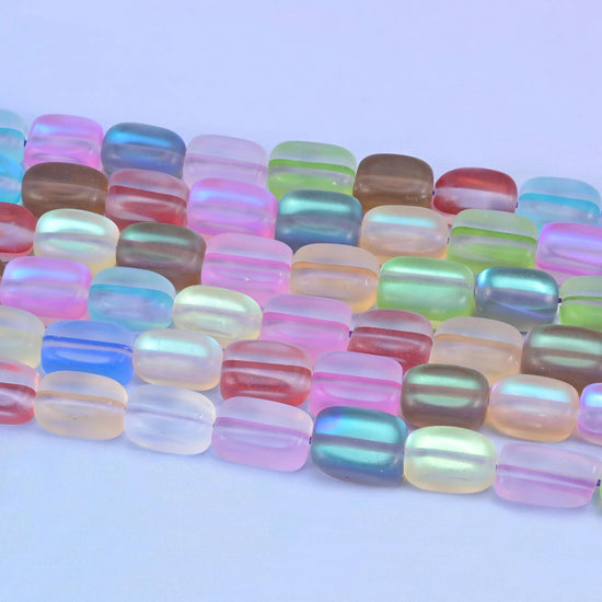 Matte frosty rainbow rectangle glass beads, 15 inch strand