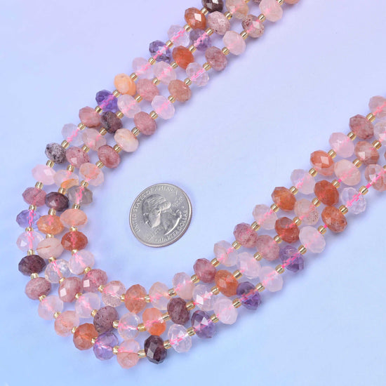 Strawberry Phantom Quartz Faceted Rondelle Beads in blush pink, peach and mauve