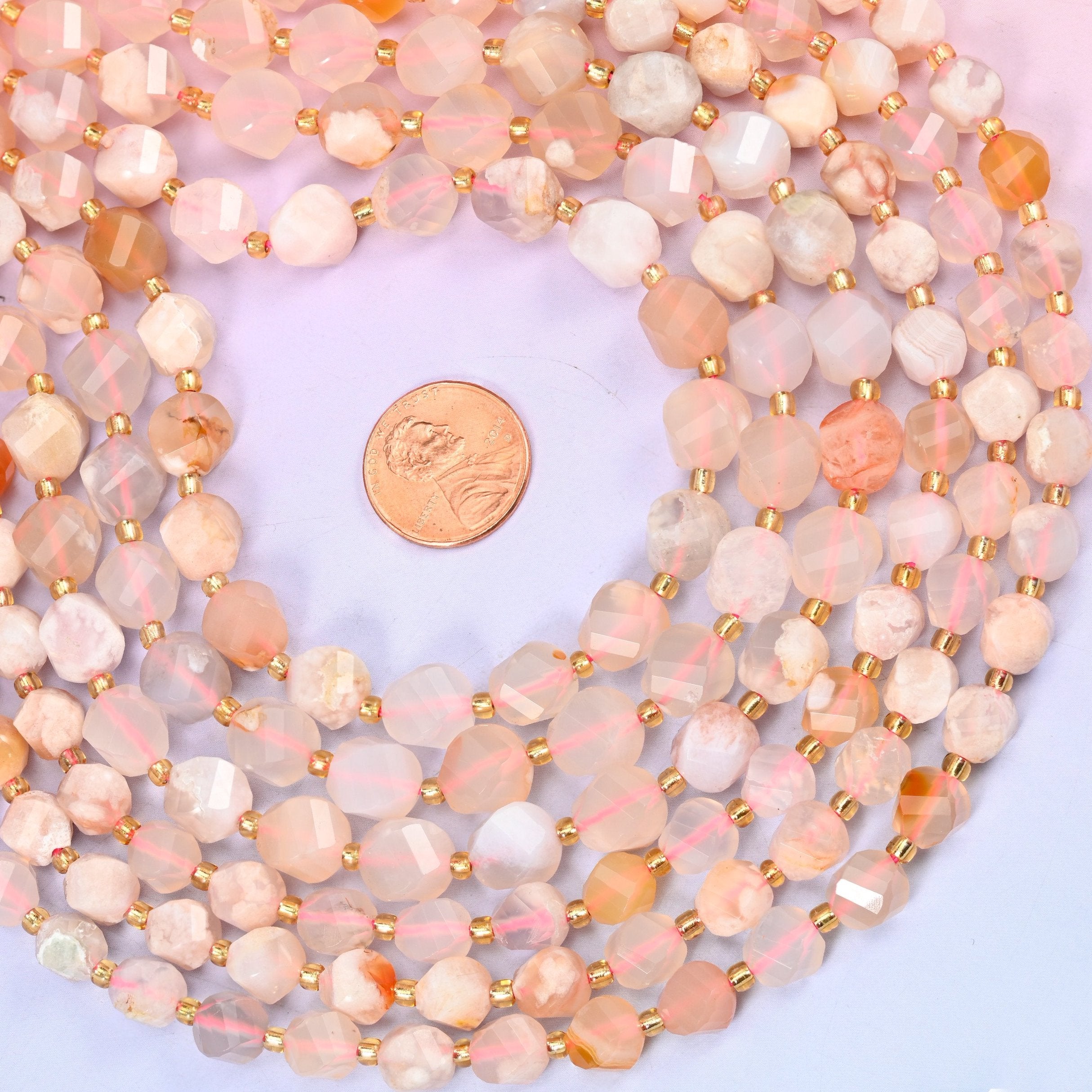 Sakura Flower Agate Faceted Spiral Twist Beads, pale blush pink and peach clouded with milky white plumes and apricot streaks