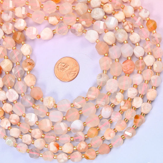 Sakura Flower Agate Faceted Spiral Twist Beads, pale blush pink and peach clouded with milky white plumes and apricot streaks
