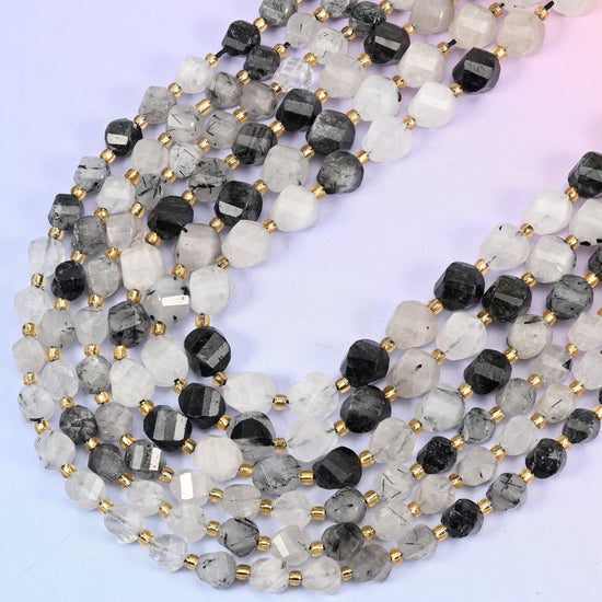Black Rutilated Quartz Faceted Spiral Twist Beads 8mm 10mm, 15 inch strand