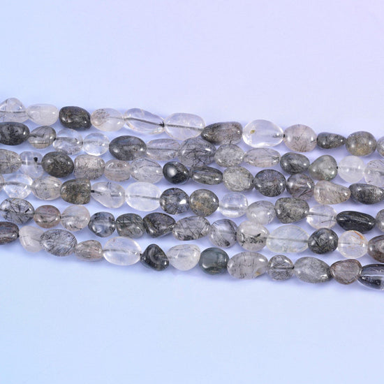 Black Rutilated Quartz Pebble Beads 6-8mm 8-12mm Jewelry Making 15.5" Strand