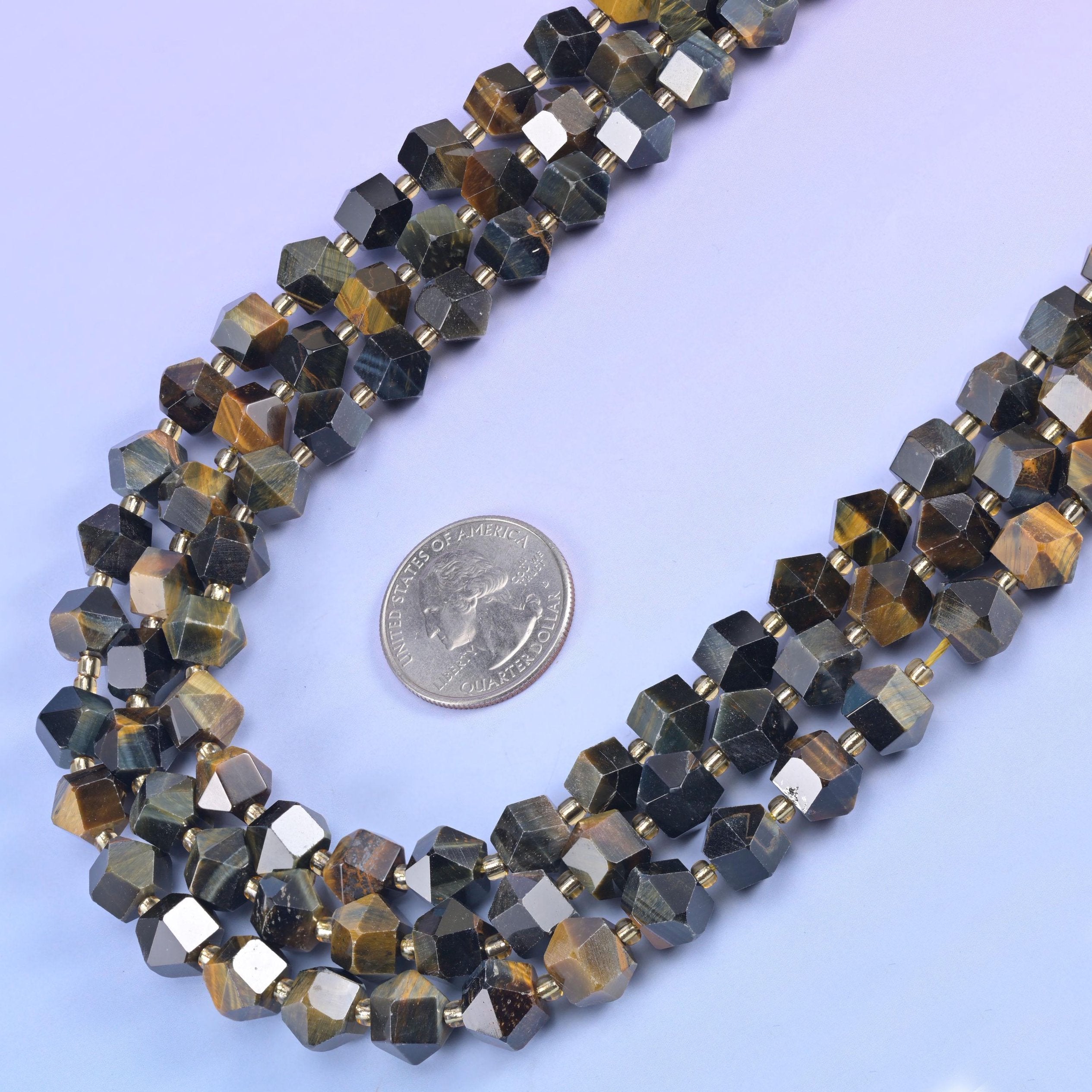 Iron Tiger Eye Faceted Diamond Rhombus Beads in steel grey and gunmetal with honey-gold banding
