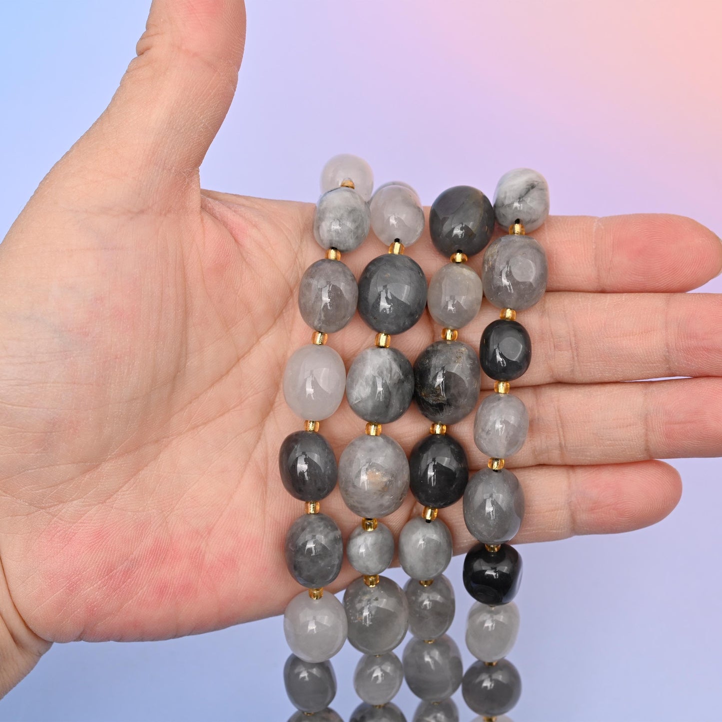 Gray Cloudy Quartz beads, smooth oval nugget, 10-17mm